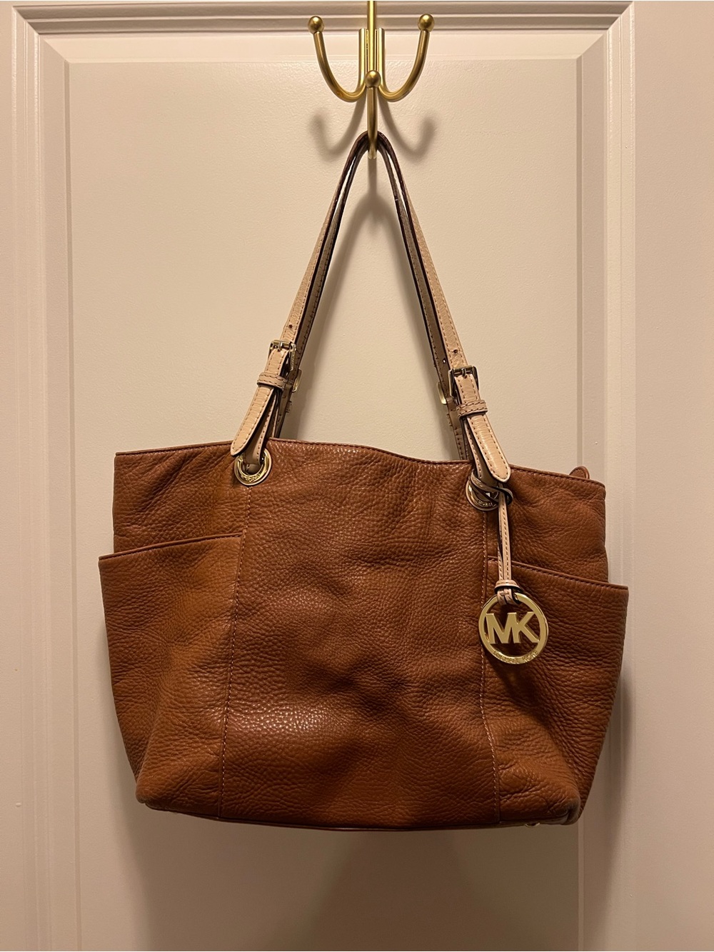 Michael Kors Jetset Medium Pocket Tan Pebbled Leather Tote Bag